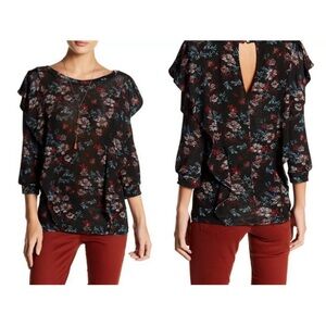 FREE PEOPLE Dock Side black comb FLORAL Blouse XS NWT